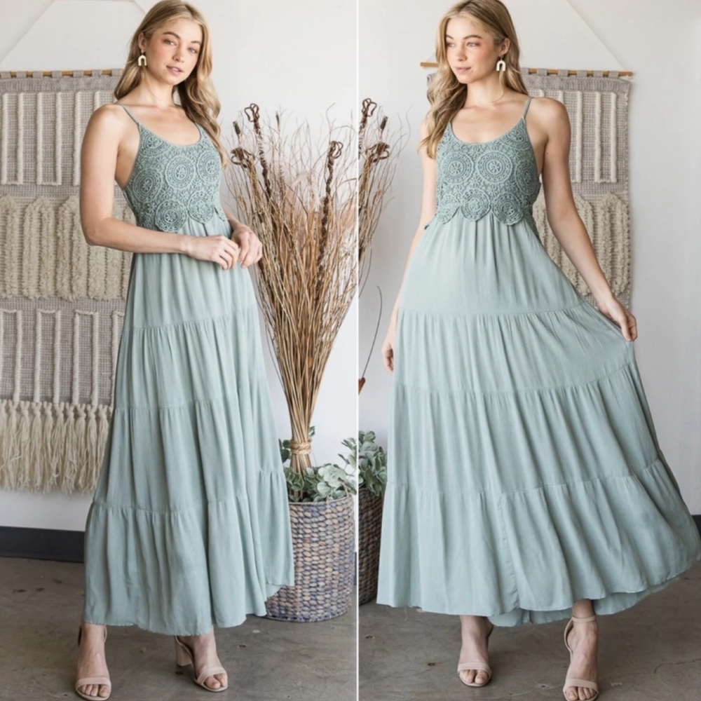 LAST ONE! Gorgeous Sage Green Long Maxi Dress w/ Crochet Lace and Smocked Detail - Picture 5 of 5